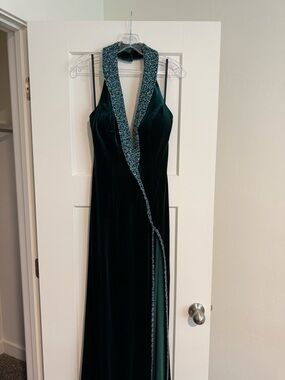 Jovani Emerald Green Velvet Backless Pageant Gown with Beaded Plunge